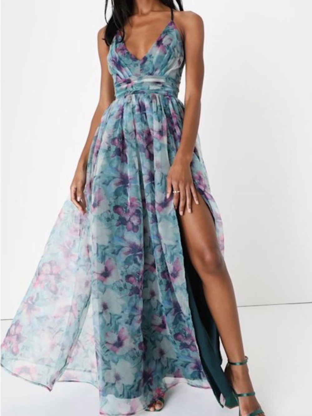 Lulu's Teal and Purple Floral Chiffon Maxi Dress with Side Slit